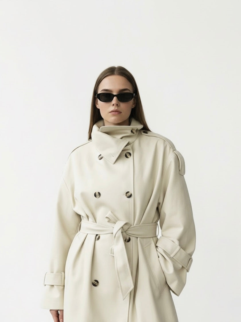 Amarenne - High-Neck Belted Long Trench Coat