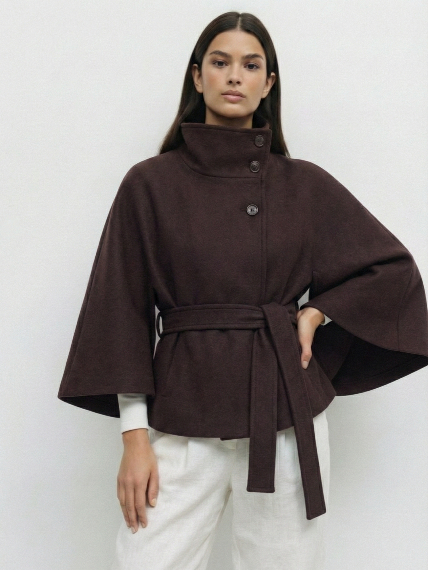 Amarenne - High-Neck Belted Cape Jacket