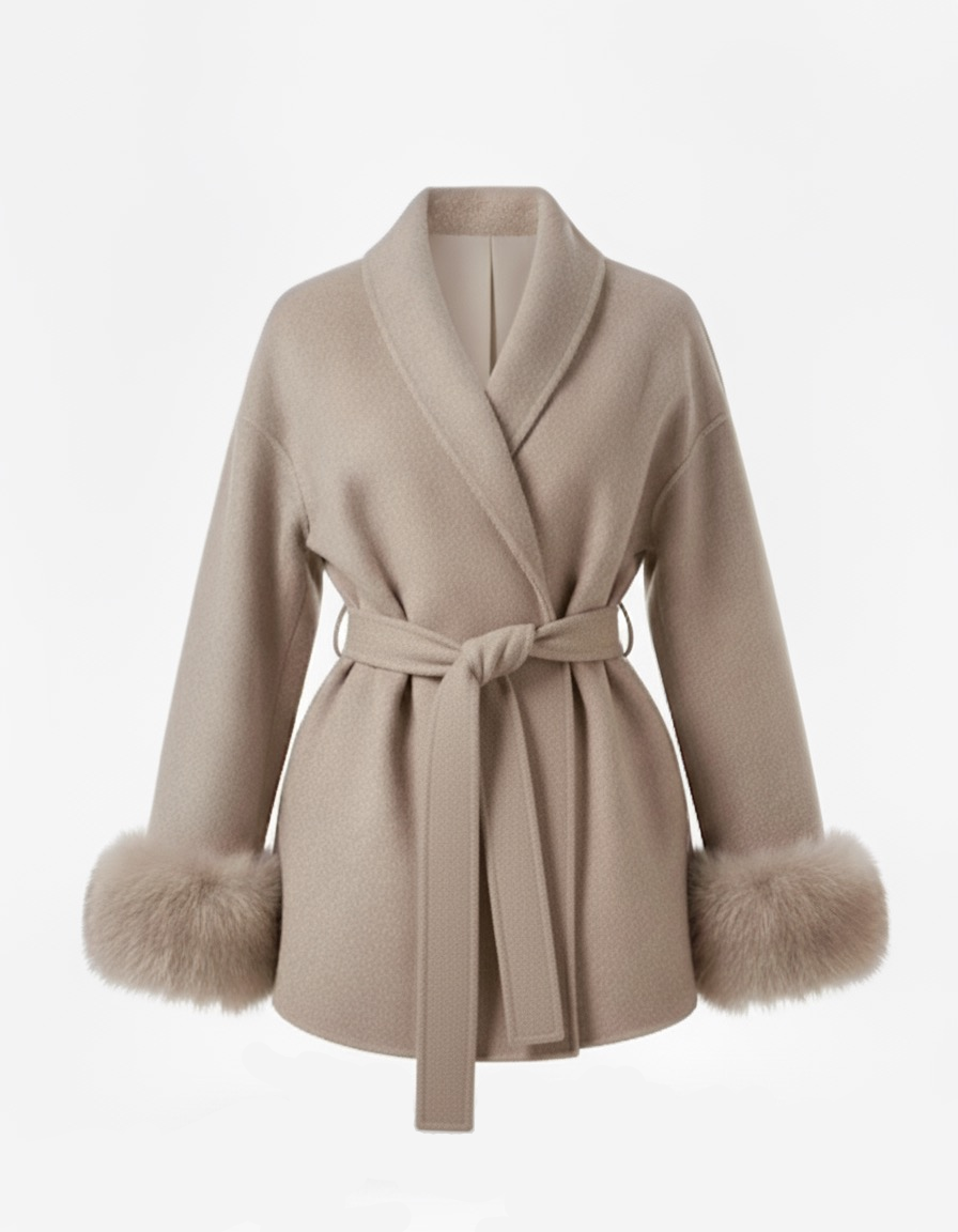 Amarenne - Belted Coat with Faux Fur Cuffs