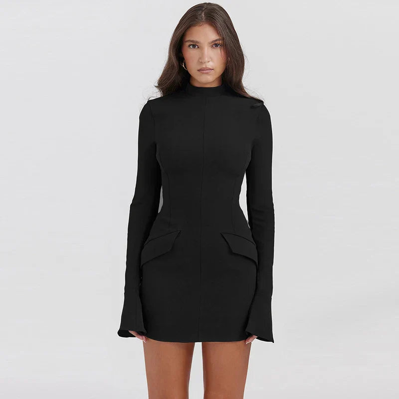 Amarenne - Structured Navy High-Neck Dress