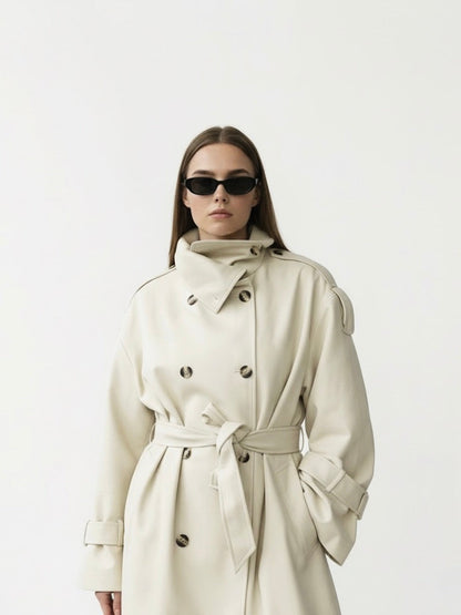 Amarenne - High-Neck Belted Long Trench Coat