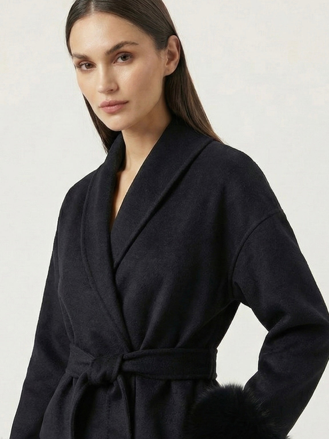 Amarenne - Belted Coat with Faux Fur Cuffs