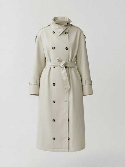 Amarenne - High-Neck Belted Long Trench Coat