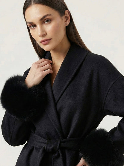 Amarenne - Belted Coat with Faux Fur Cuffs