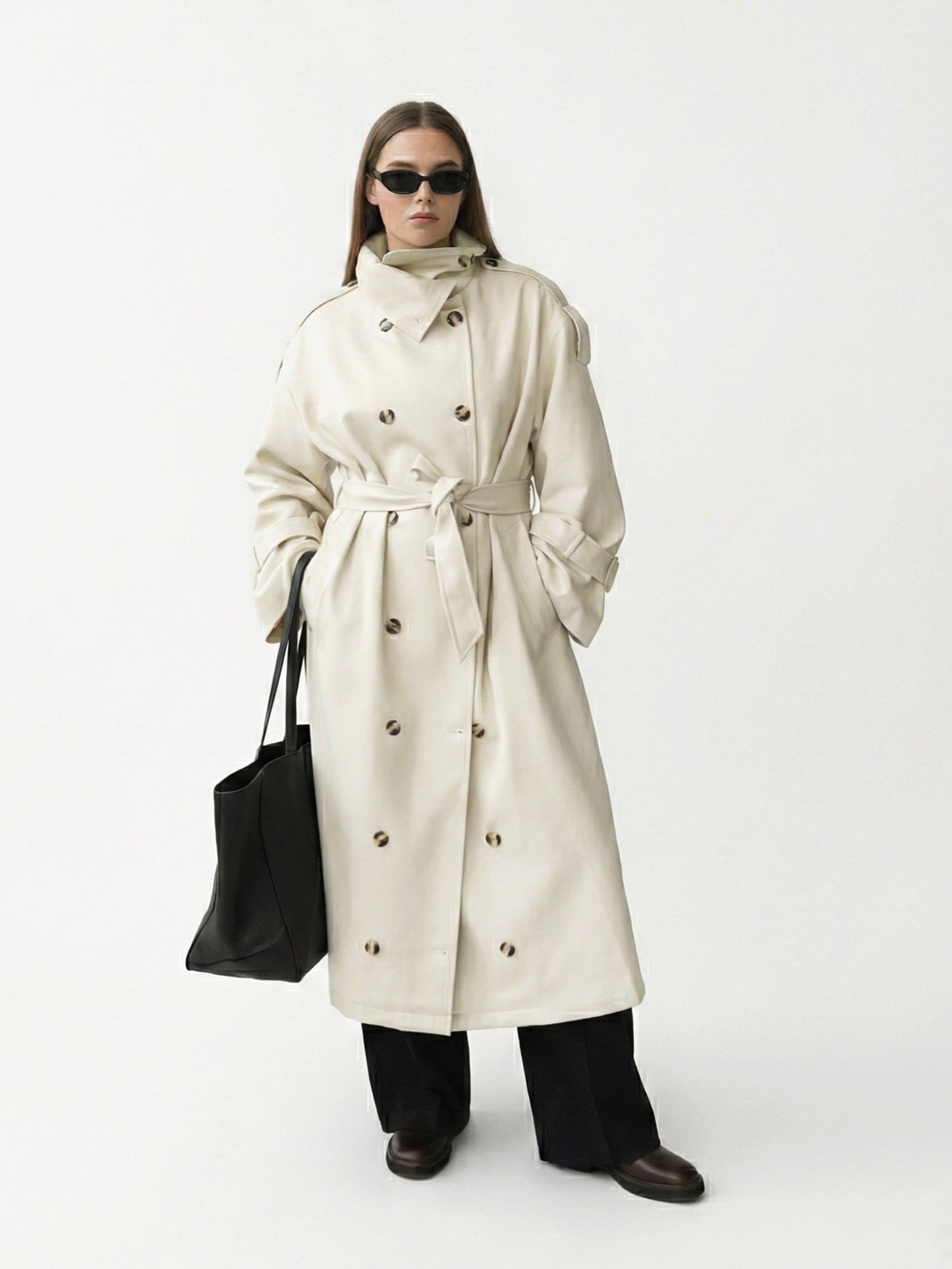 Amarenne - High-Neck Belted Long Trench Coat