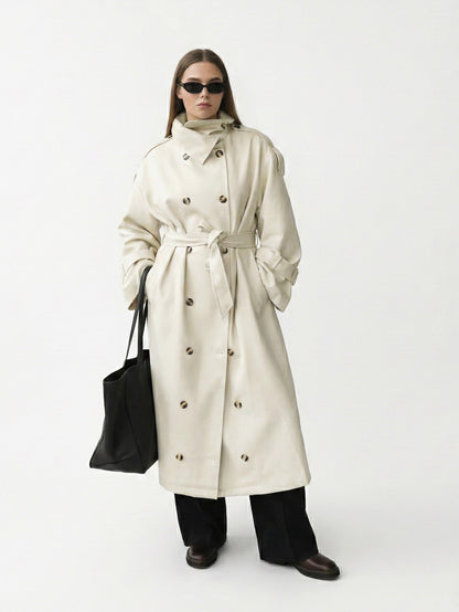 Amarenne - High-Neck Belted Long Trench Coat