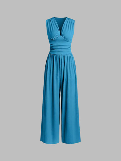 Amarenne - Stretchy Ruched V-Neck Wide-Leg Jumpsuit