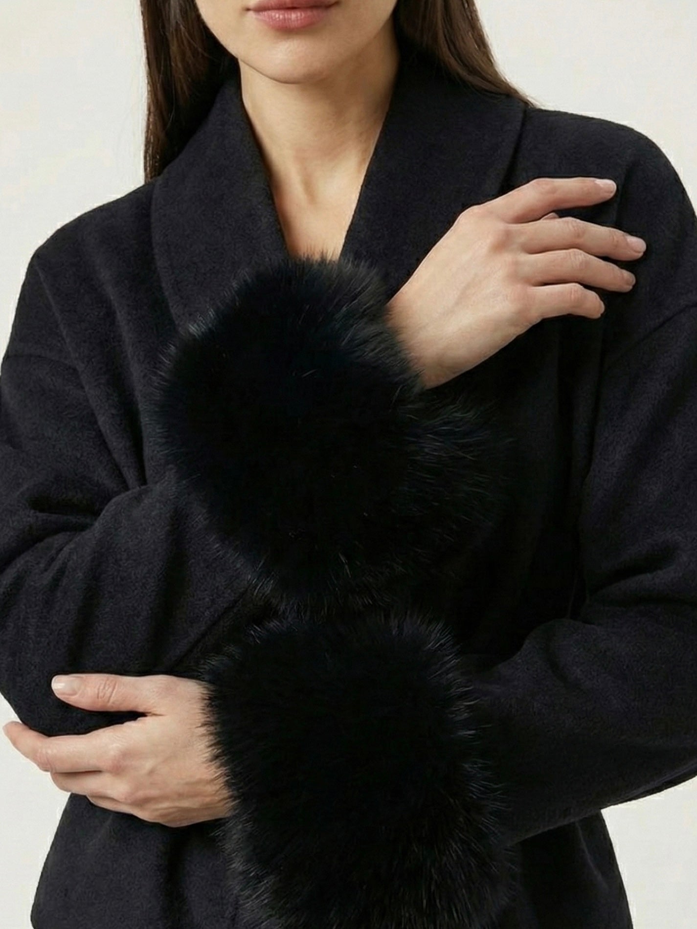 Amarenne - Belted Coat with Faux Fur Cuffs