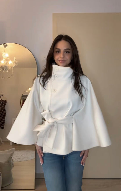 Amarenne - High-Neck Belted Cape Jacket