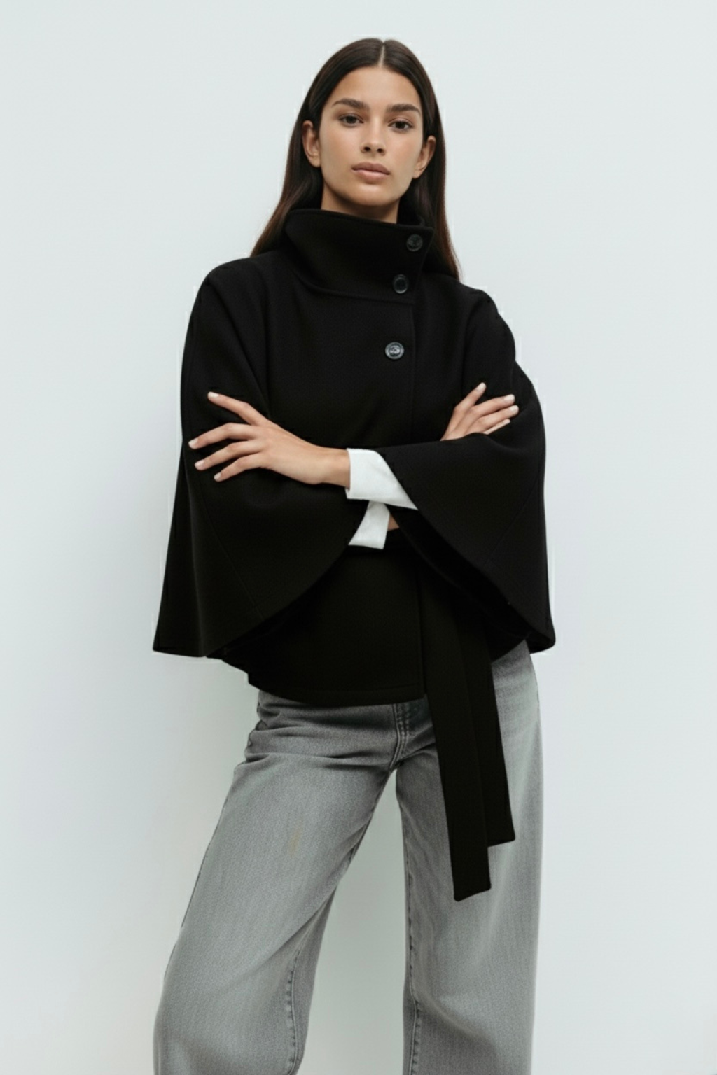Amarenne - High-Neck Belted Cape Jacket