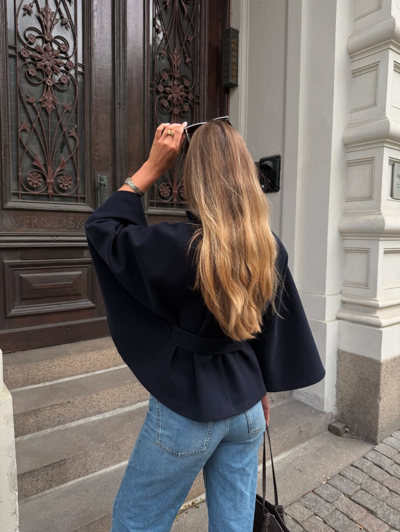 Amarenne - High-Neck Belted Cape Jacket