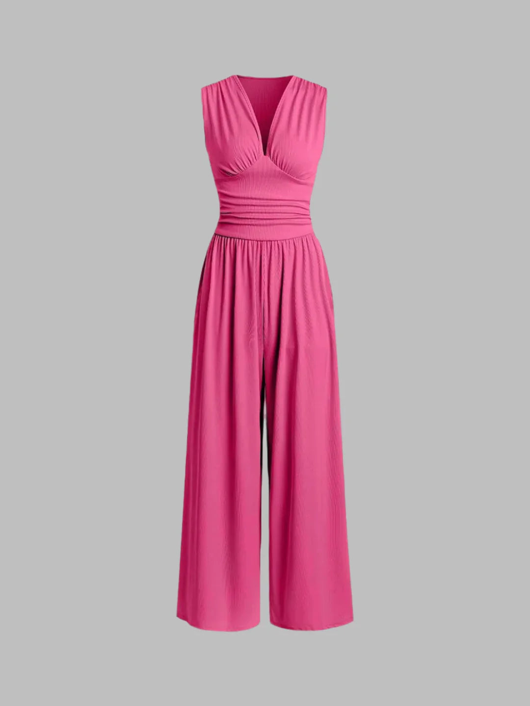 Amarenne - Stretchy Ruched V-Neck Wide-Leg Jumpsuit