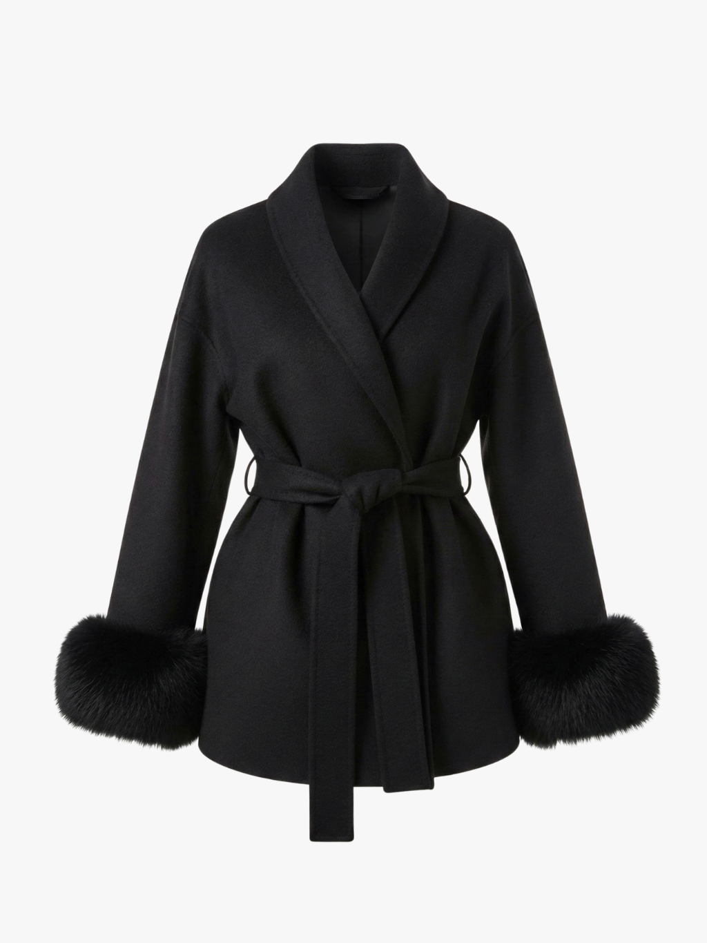 Amarenne - Belted Coat with Faux Fur Cuffs