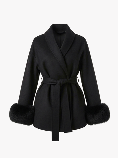 Amarenne - Belted Coat with Faux Fur Cuffs
