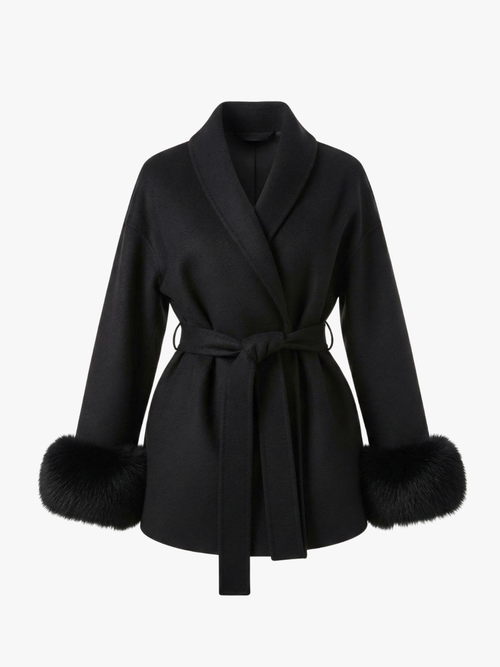 Amarenne - Belted Coat with Faux Fur Cuffs