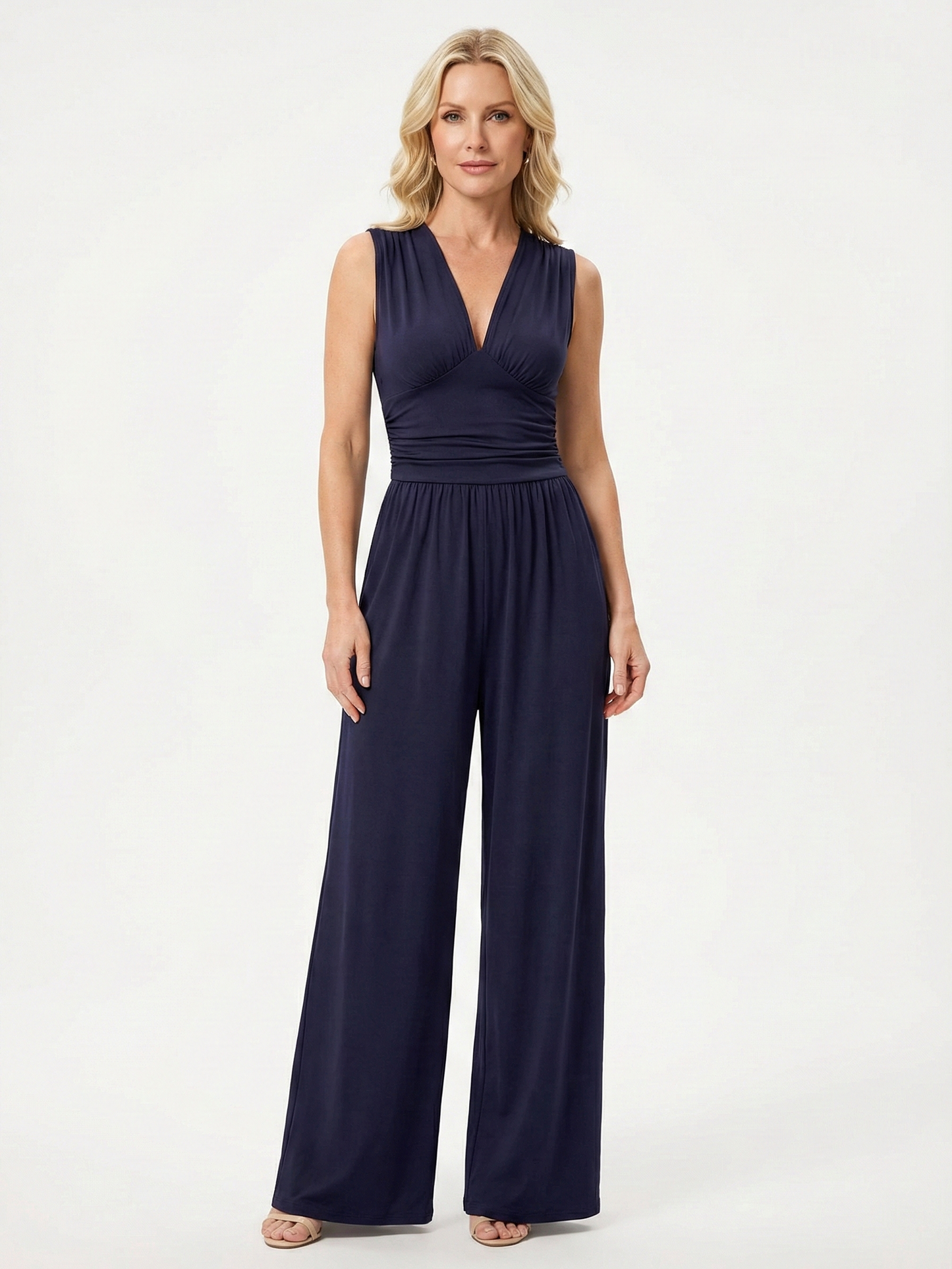 Amarenne - Stretchy Ruched V-Neck Wide-Leg Jumpsuit