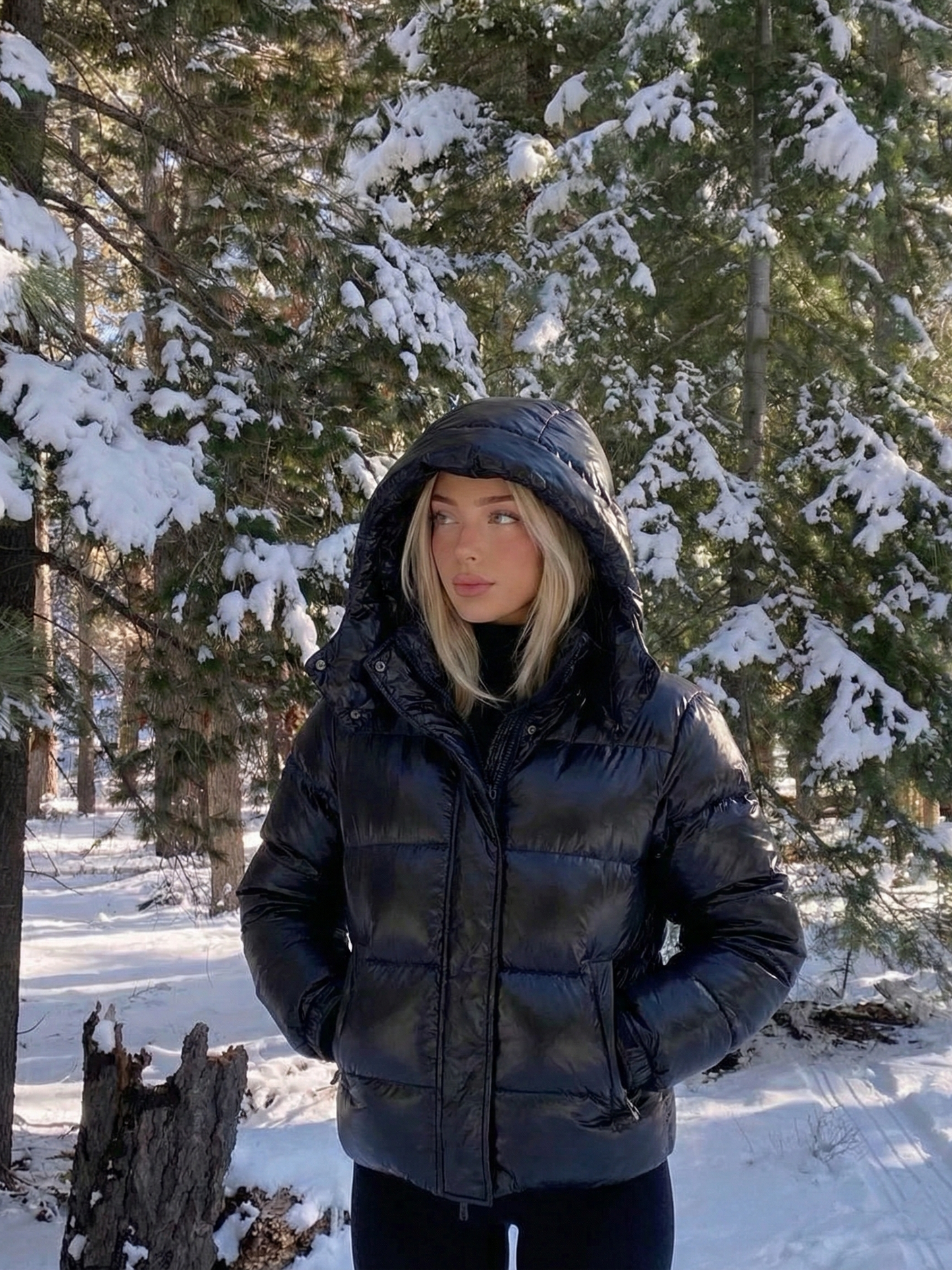 Amarenne - Glossy Hooded Puffer Jacket