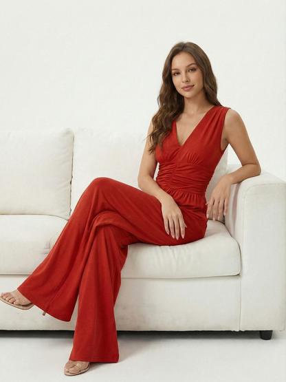 Amarenne - Stretchy Ruched V-Neck Wide-Leg Jumpsuit