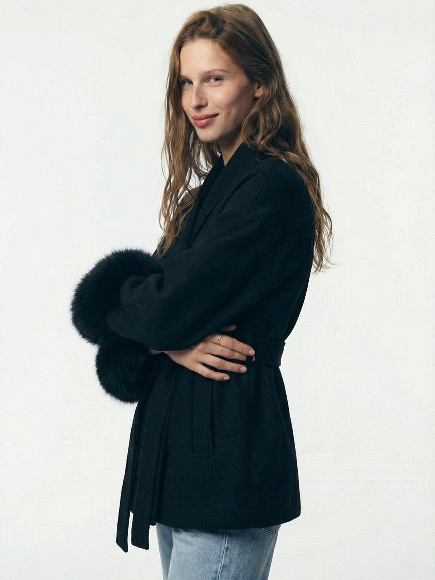 Amarenne - Belted Coat with Faux Fur Cuffs