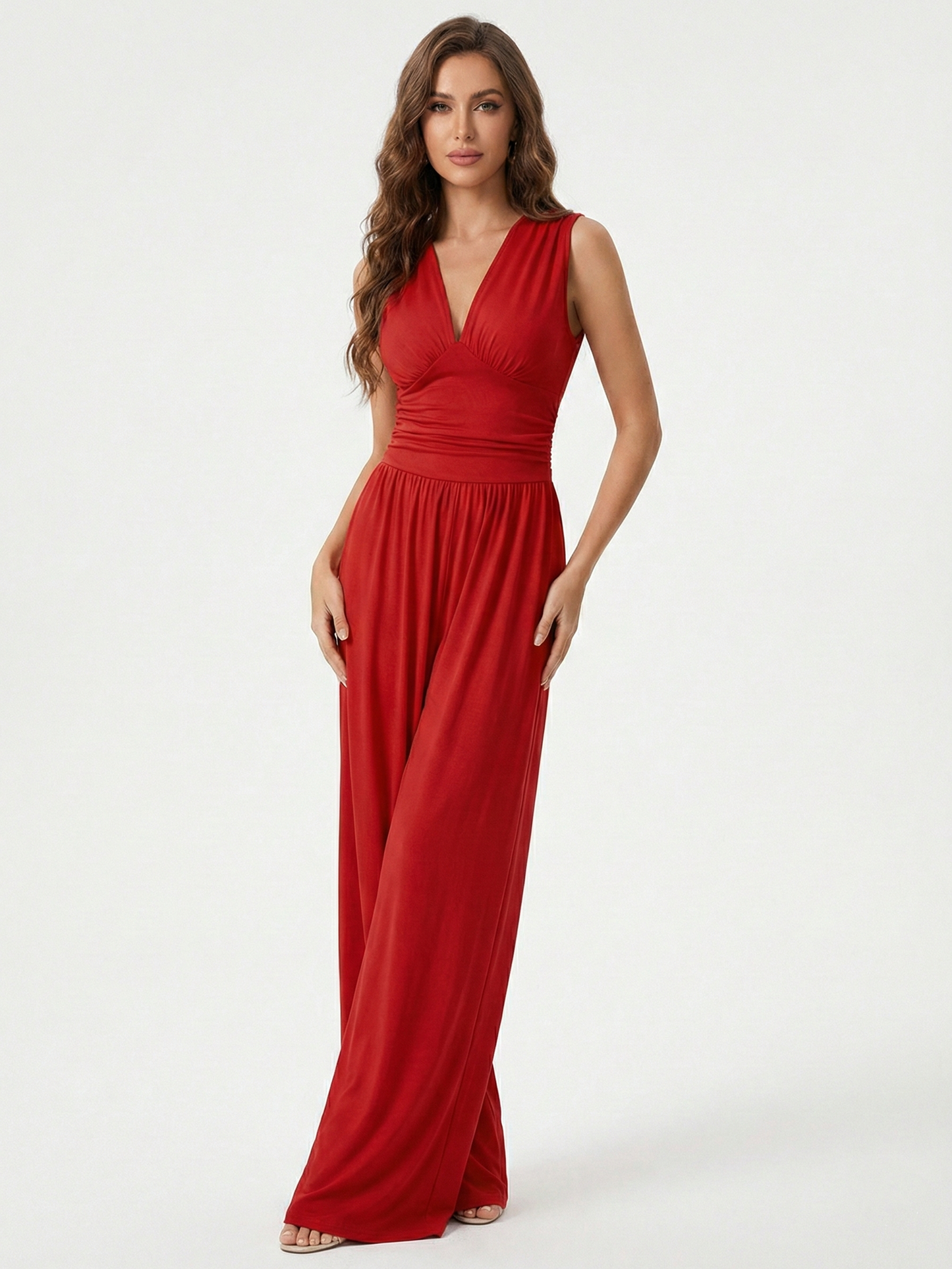 Amarenne - Stretchy Ruched V-Neck Wide-Leg Jumpsuit