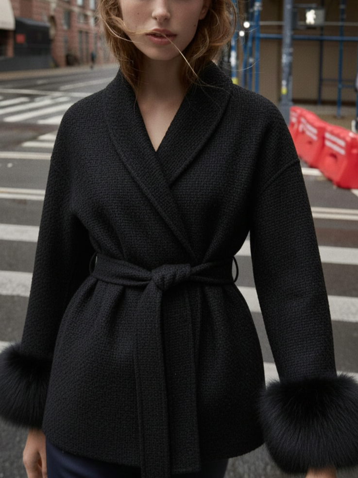 Amarenne - Belted Coat with Faux Fur Cuffs