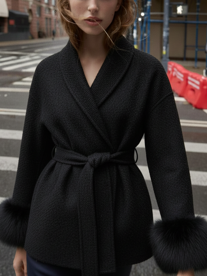 Amarenne - Belted Coat with Faux Fur Cuffs