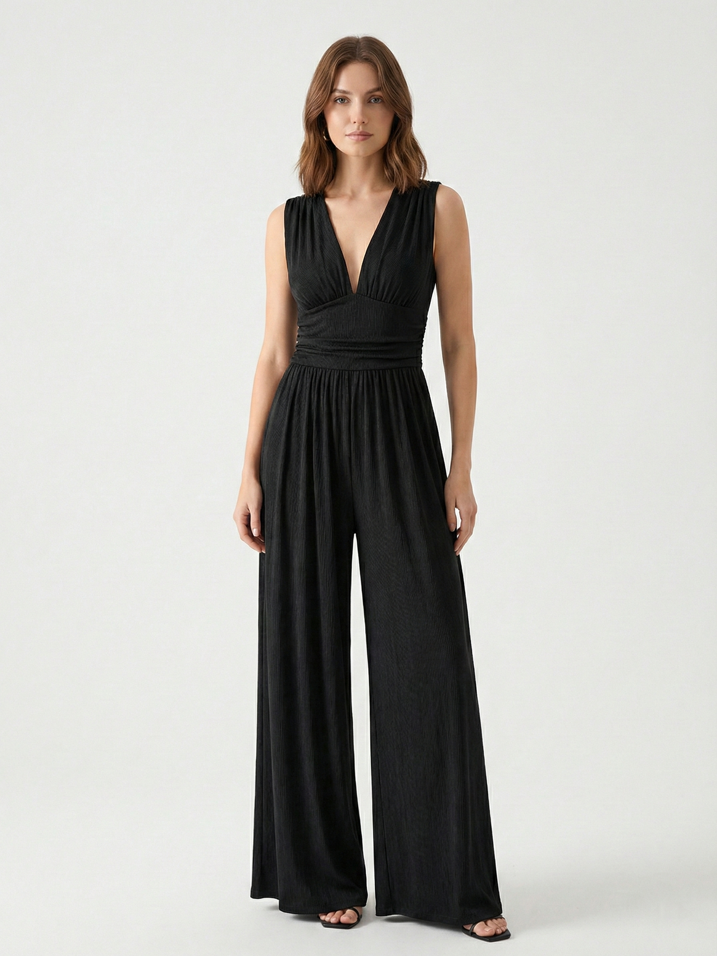 Amarenne - Stretchy Ruched V-Neck Wide-Leg Jumpsuit