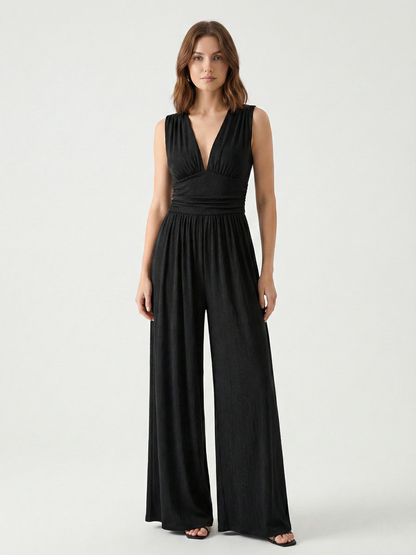 Amarenne - Stretchy Ruched V-Neck Wide-Leg Jumpsuit