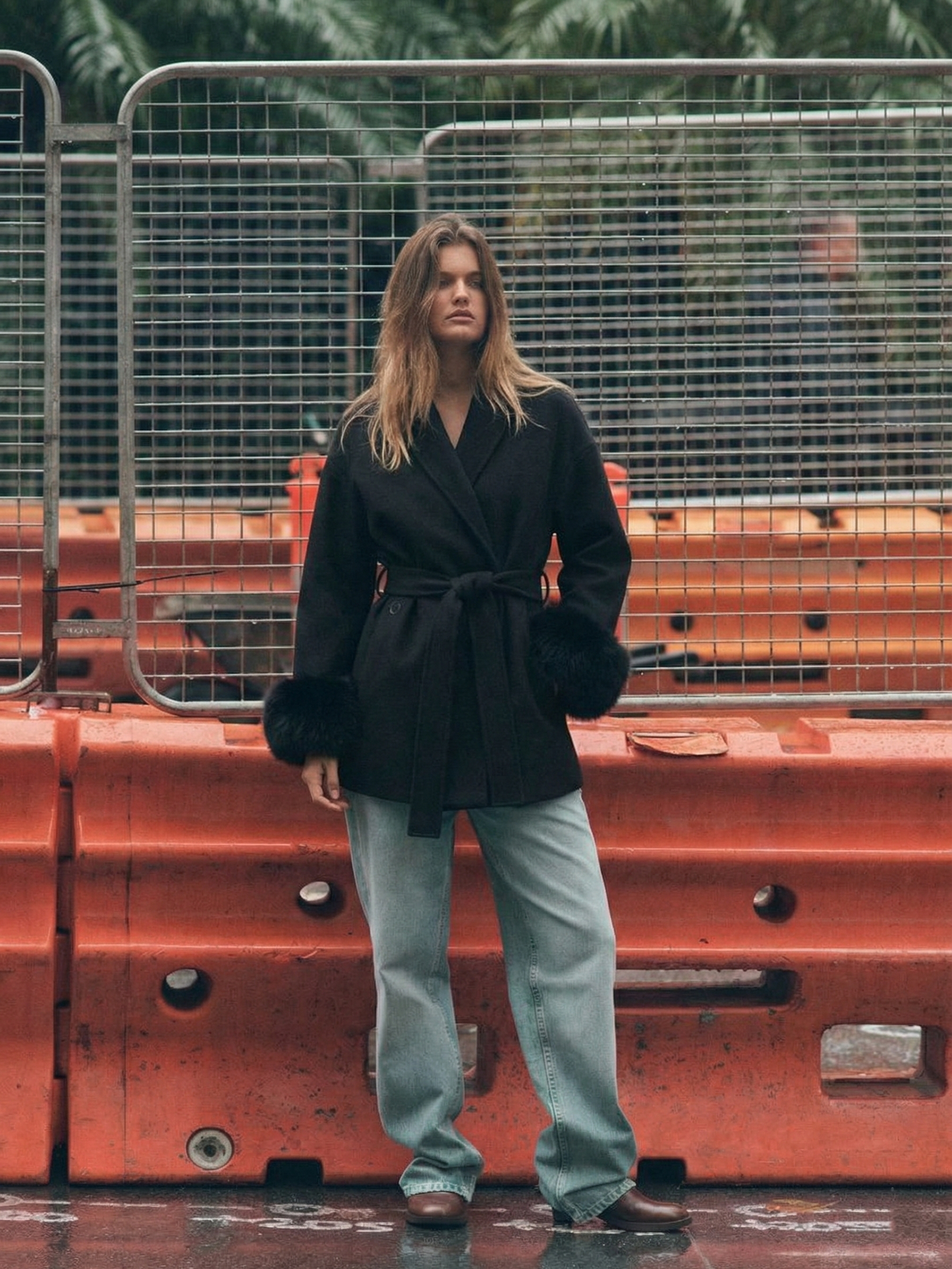 Amarenne - Belted Coat with Faux Fur Cuffs