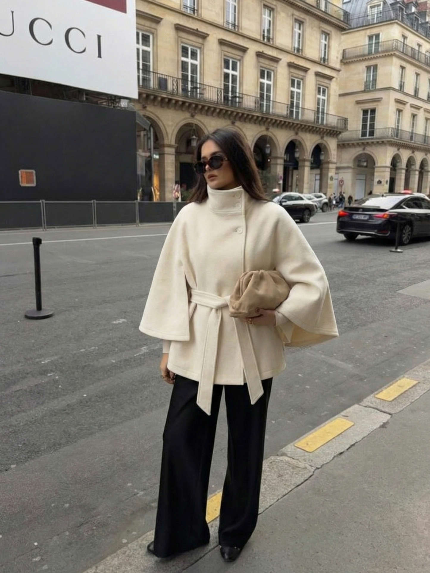 Amarenne - High-Neck Belted Cape Jacket