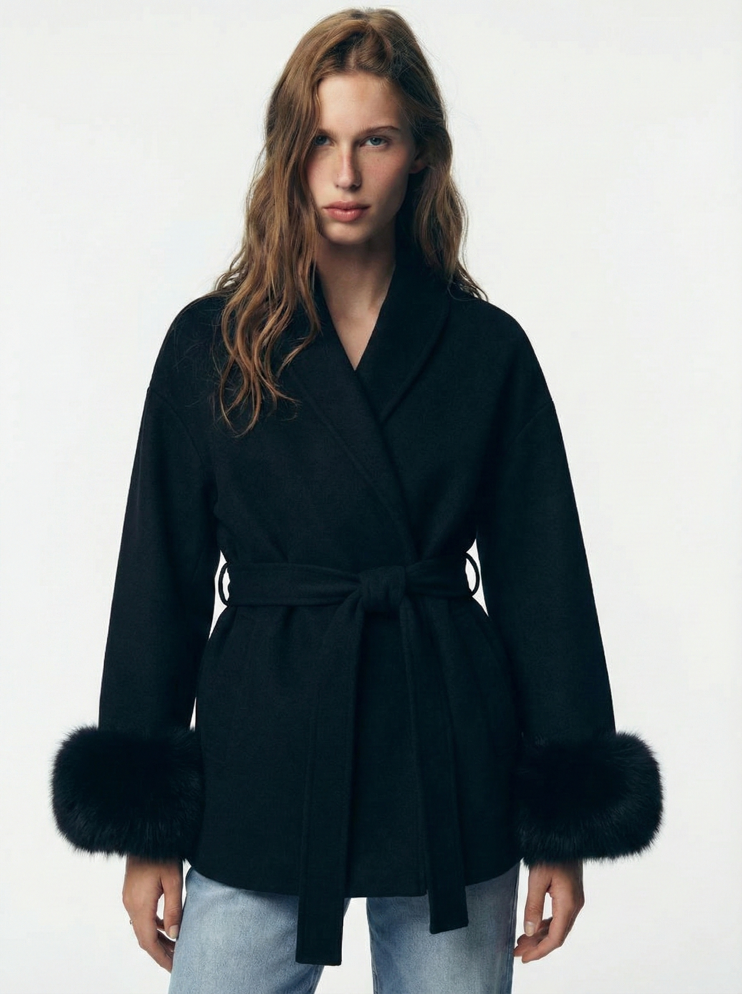 Amarenne - Belted Coat with Faux Fur Cuffs