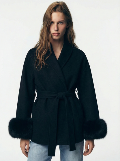 Amarenne - Belted Coat with Faux Fur Cuffs