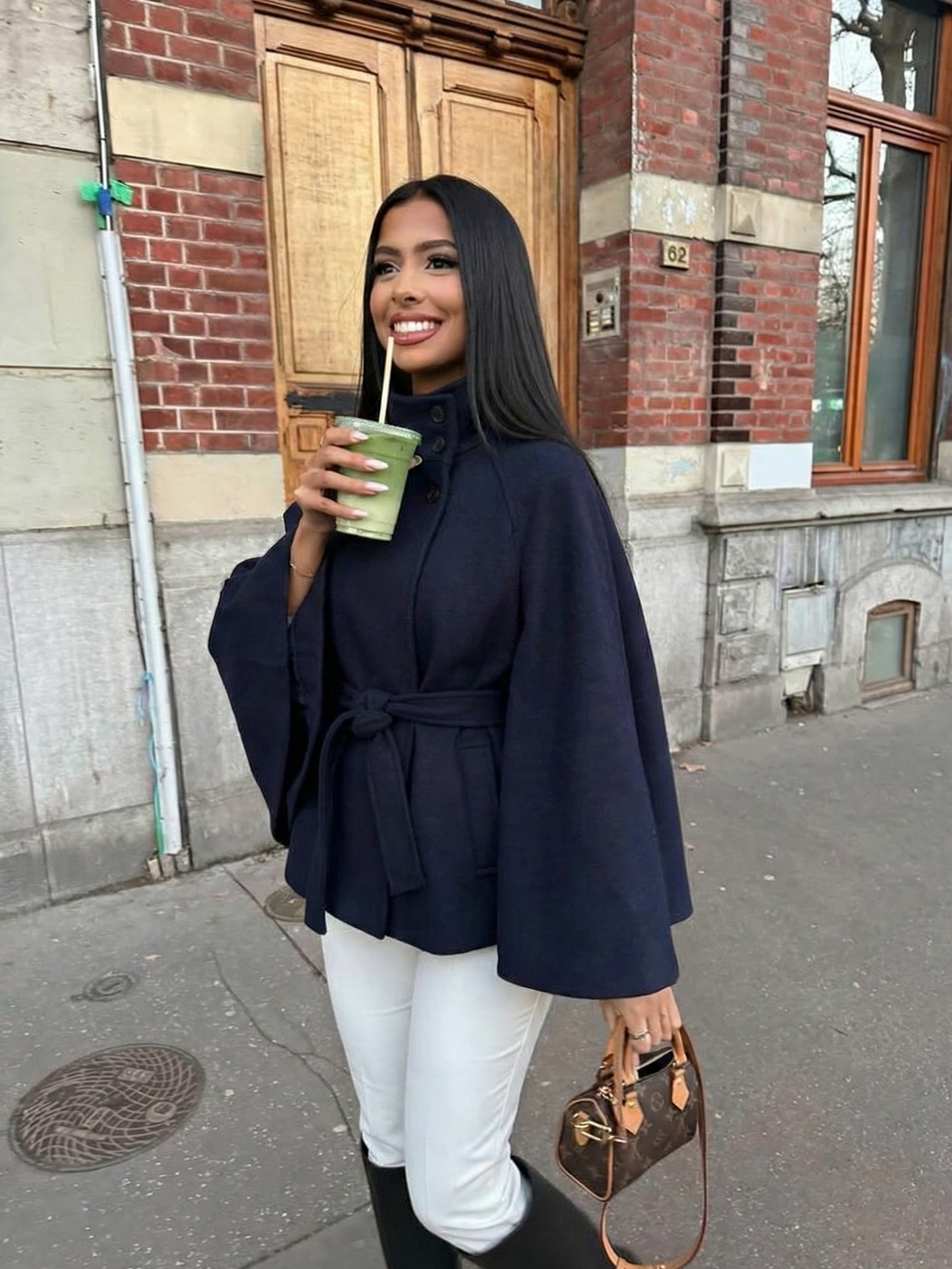 Amarenne - High-Neck Belted Cape Jacket