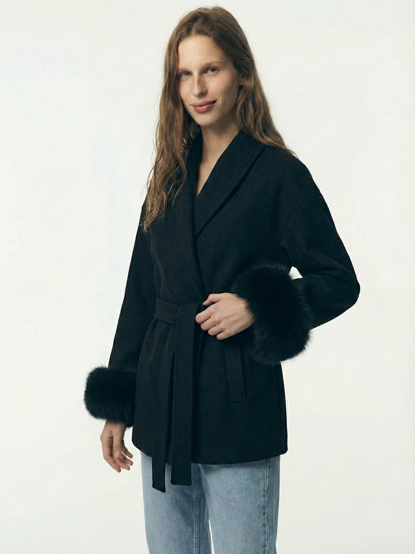 Amarenne - Belted Coat with Faux Fur Cuffs
