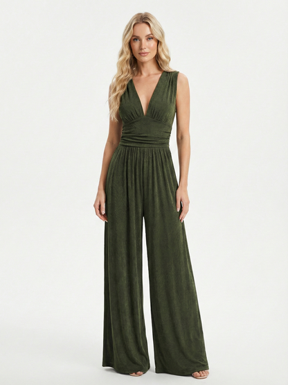 Amarenne - Stretchy Ruched V-Neck Wide-Leg Jumpsuit