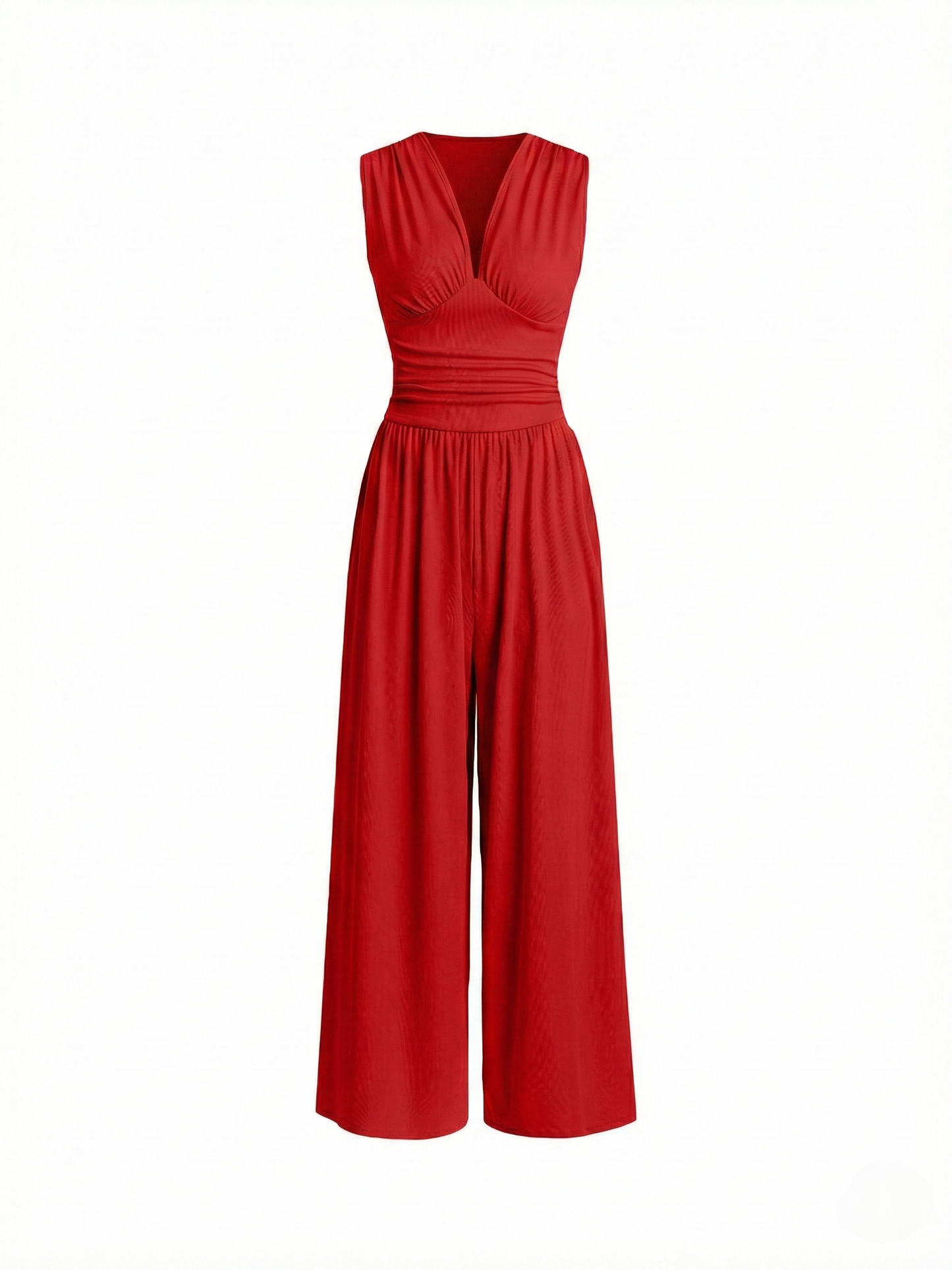 Amarenne - Stretchy Ruched V-Neck Wide-Leg Jumpsuit