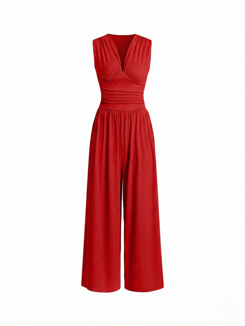 Amarenne - Stretchy Ruched V-Neck Wide-Leg Jumpsuit