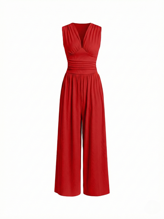 Amarenne - Stretchy Ruched V-Neck Wide-Leg Jumpsuit