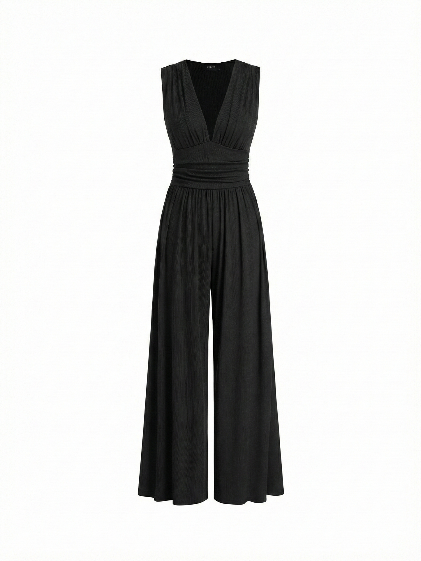 Amarenne - Stretchy Ruched V-Neck Wide-Leg Jumpsuit