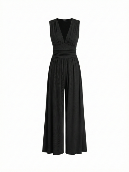 Amarenne - Stretchy Ruched V-Neck Wide-Leg Jumpsuit