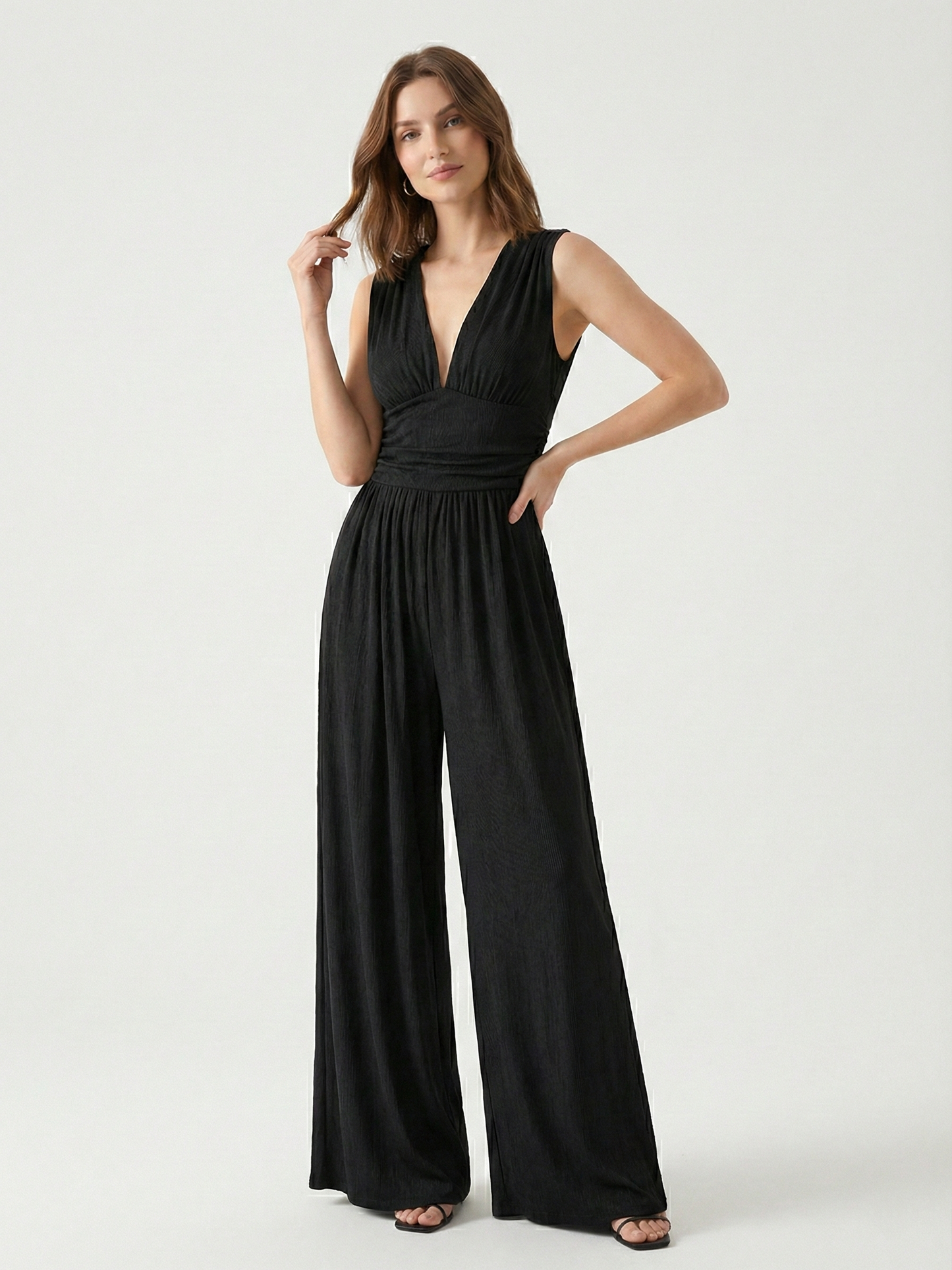 Amarenne - Stretchy Ruched V-Neck Wide-Leg Jumpsuit