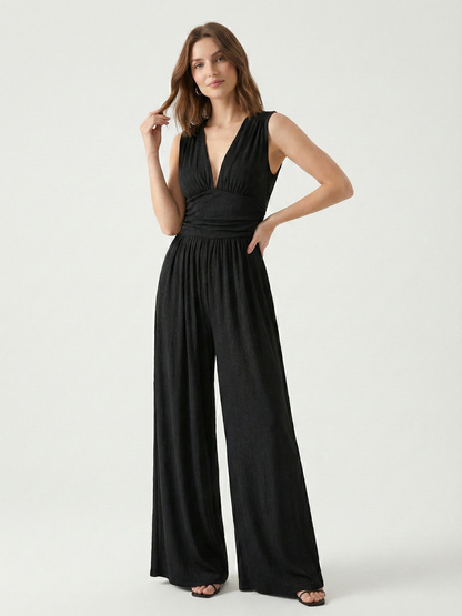 Amarenne - Stretchy Ruched V-Neck Wide-Leg Jumpsuit