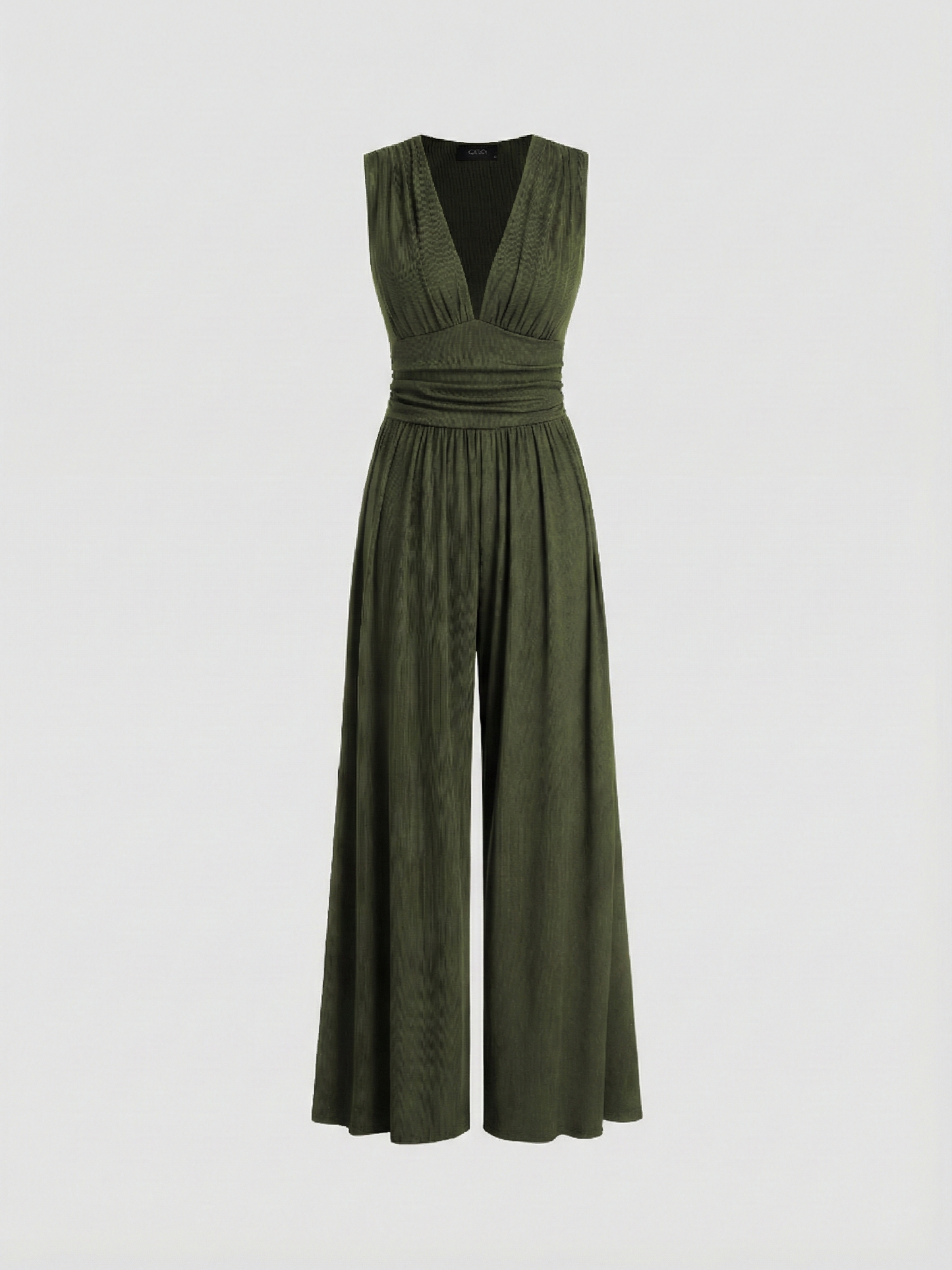 Amarenne - Stretchy Ruched V-Neck Wide-Leg Jumpsuit