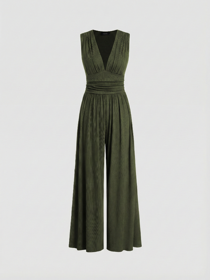 Amarenne - Stretchy Ruched V-Neck Wide-Leg Jumpsuit