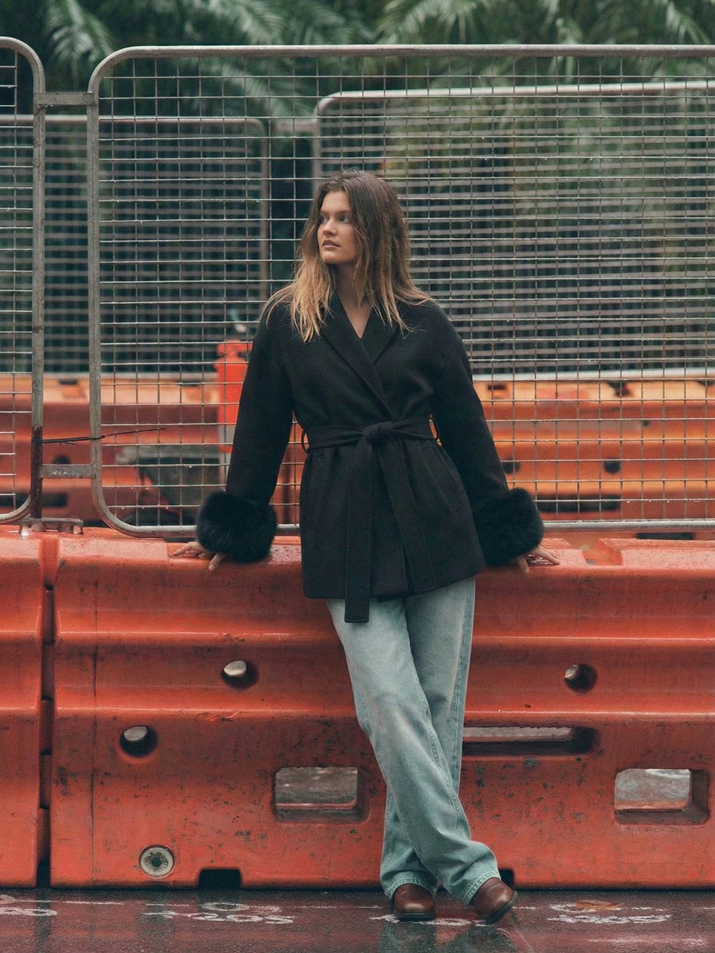 Amarenne - Belted Coat with Faux Fur Cuffs