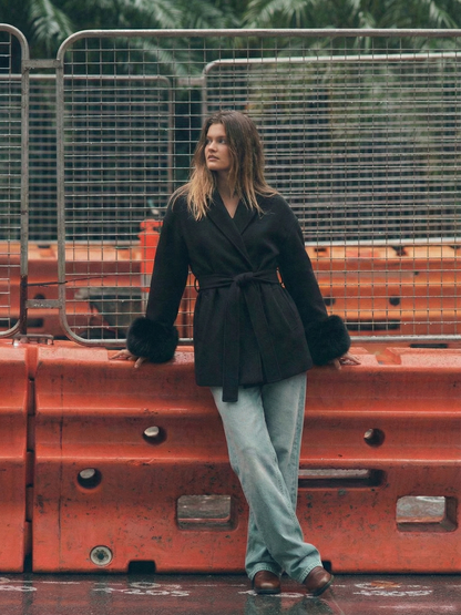 Amarenne - Belted Coat with Faux Fur Cuffs