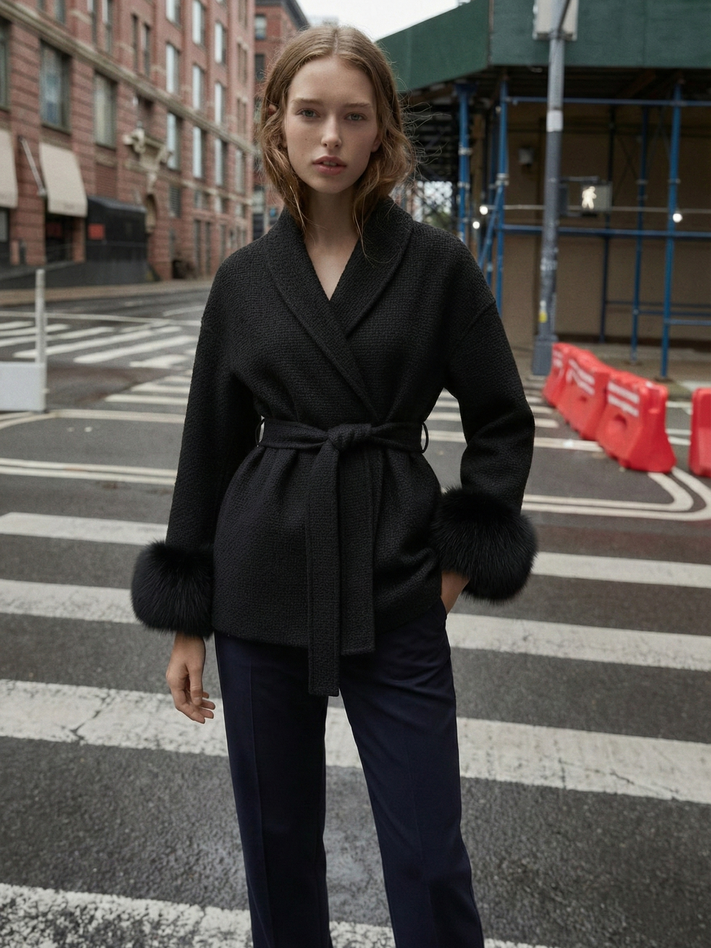 Amarenne - Belted Coat with Faux Fur Cuffs