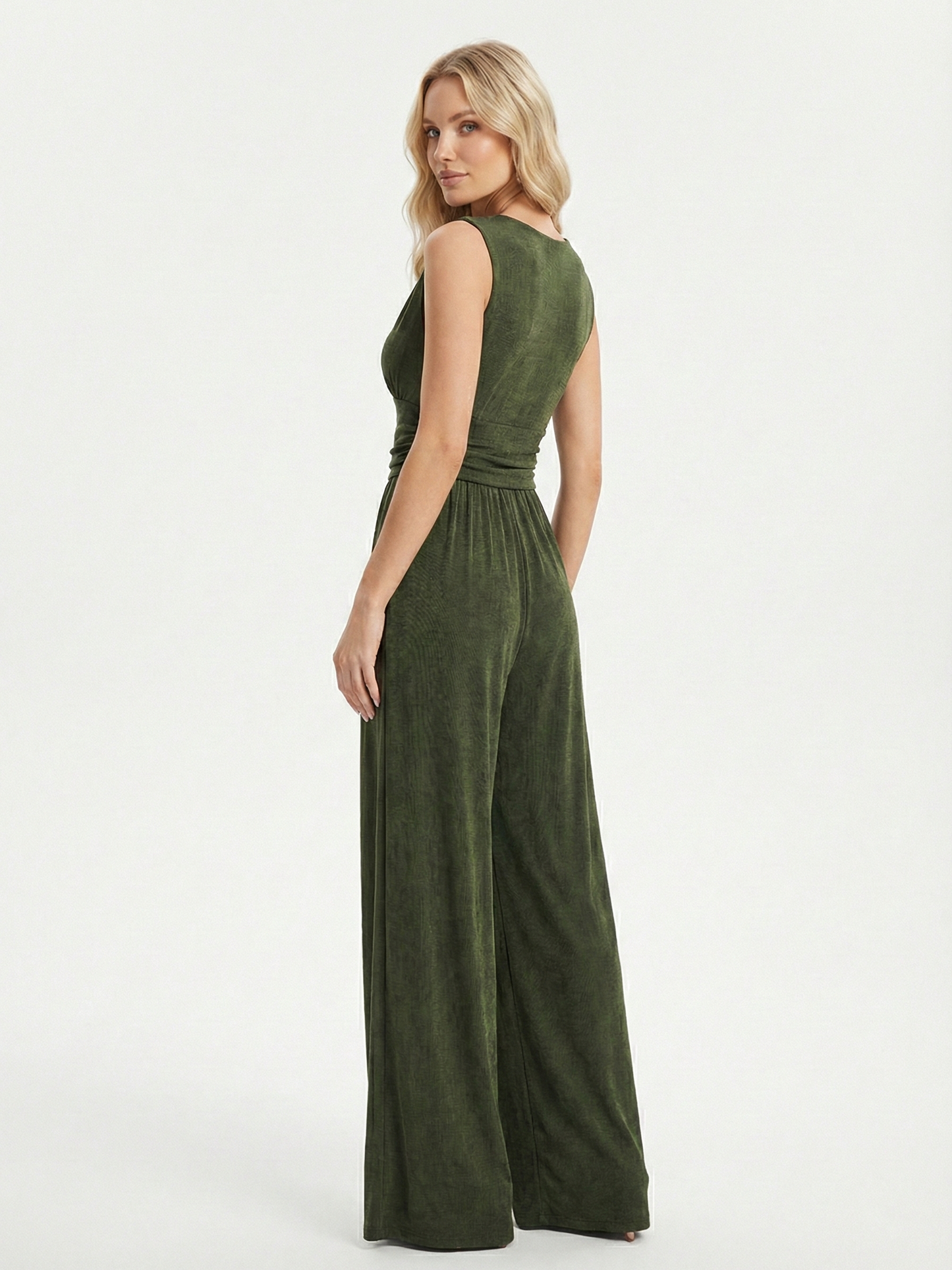 Amarenne - Stretchy Ruched V-Neck Wide-Leg Jumpsuit