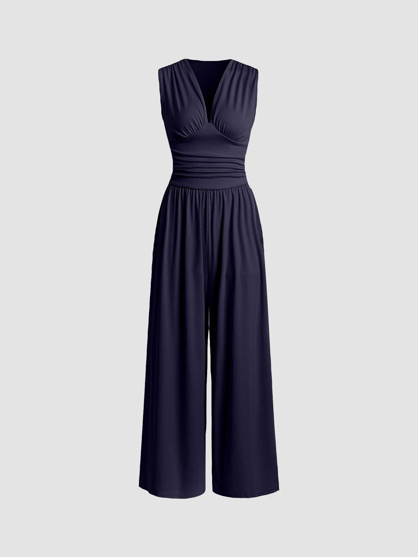 Amarenne - Stretchy Ruched V-Neck Wide-Leg Jumpsuit