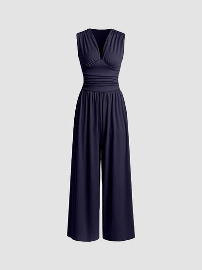 Amarenne - Stretchy Ruched V-Neck Wide-Leg Jumpsuit